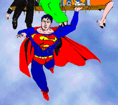 Superman carrying the wounded to hospital